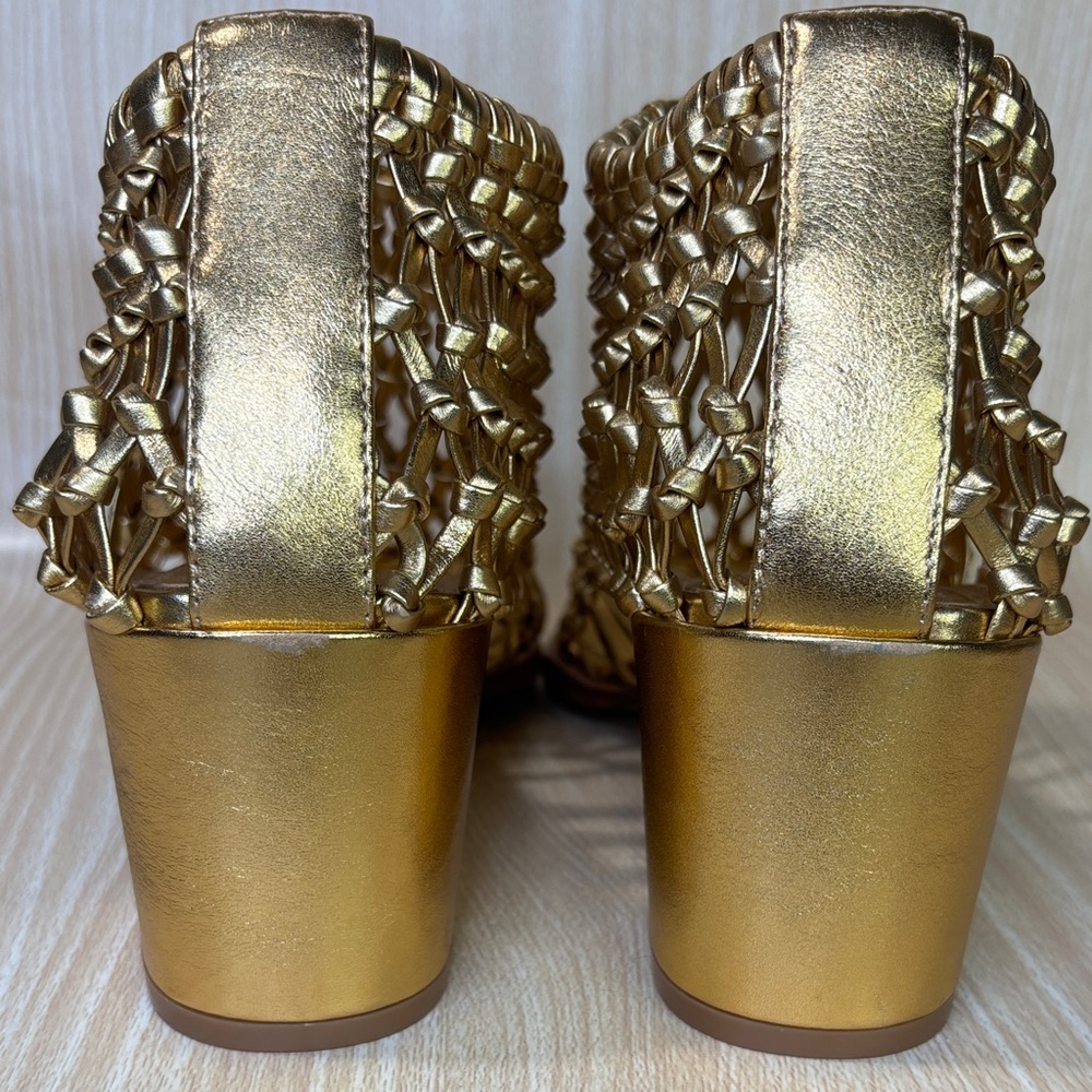 CECELIA Gold Woven Leather Block Heel Sandals 10 Statement Luxe - Picture 7 of 7